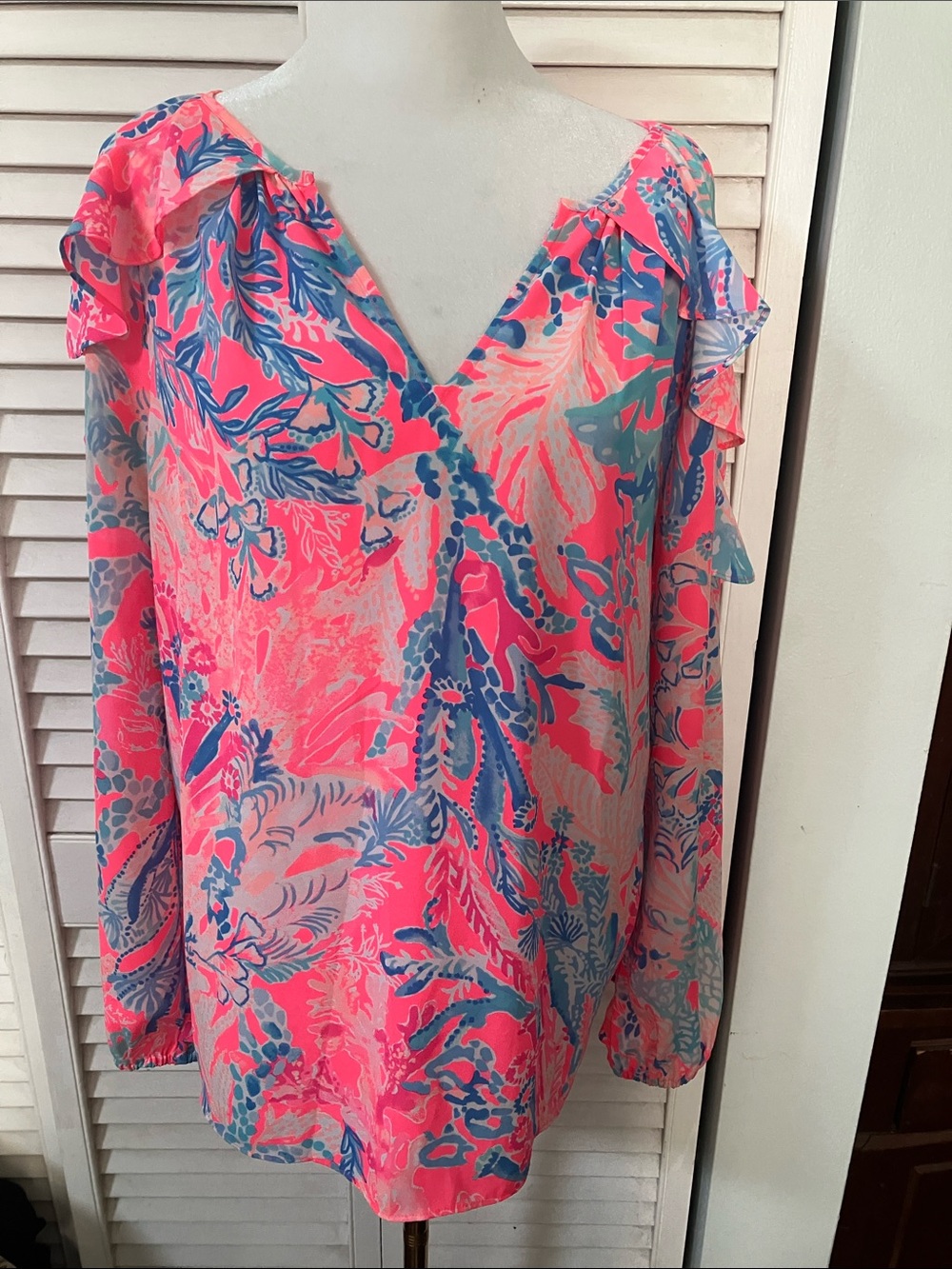 Lilly Pultzer Pascha Pink Aquadesica Elora Ruffle Shoulder Blouse